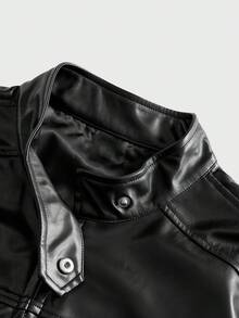 ROMWE MEN Street Life Chaqueta casual de manga larga con cremallera delantera de unicolor y de cuero sintético holgada para hombres - Negro - Ver 4