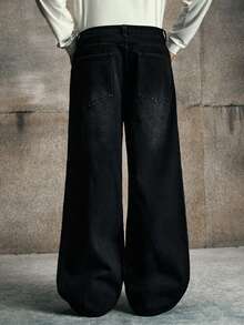 AXEPEAK 男士蜘蛛刺绣阔腿黑色牛仔裤 - 黑色 - 查看 2