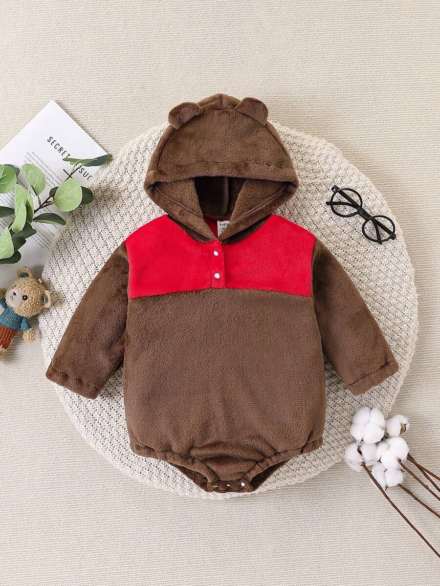 SHEIN Perso Play Body bébé garçon mignon avec capuche, en polaire avec empiècement bicolore - Tabac - Voir 1