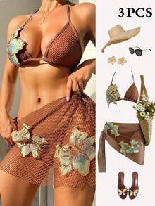 Bellisia Set de 3 piezas de bikini estilo bohemio con tela de red de ganchillo brillante y sexy, conjunto de bikini con pareo para cubrir para vacaciones en la playa, atuendo para fiesta de San Valentín o Navidad para mujer