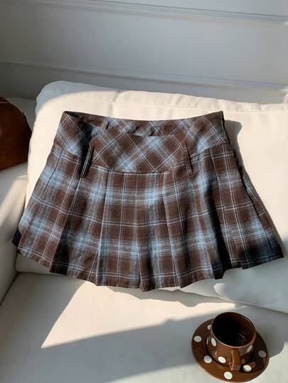 Comfortcana 女式复古格子褶皱迷你裙