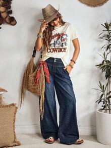 EMERY ROSE Damskie jeansy z szerokimi nogawkami i kieszeniami, luźne, uniwersalne - Ciemny jeans - Zobacz 6