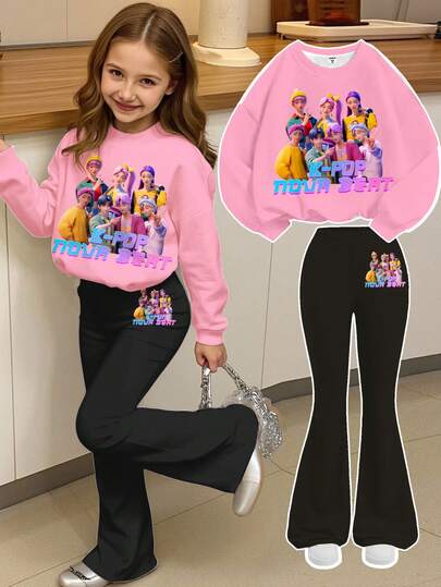 SHEIN 2 pièces/Set Jeune fille couleur dopamine, fille de dessin animé K-POP, retour à l'école, style Maillard rétro doux, chic collégial décontracté, esthétique du ballet, Sweat-shirt-shirt à manches longues col rond ample et pantalon évasé, convient pour l'automne/l'hiver
