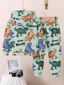 2 件套男童休闲宽松恐龙印花连帽衫和裤子套装，适合秋冬季 - 彩色 - 查看 3