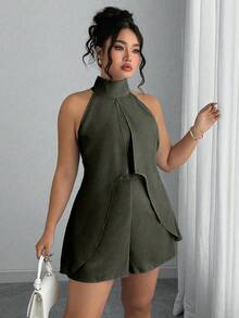 Elenzga Plus Size Women Solid Color Casual Halter Romper Green Romper Women Sage Dress Dress Romper Olive Dress