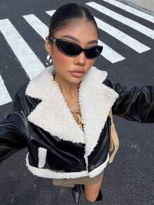 Muchica 女式泰迪熊衬里拉链大领机车夹克（秋冬款） - 黑色 - 查看 4