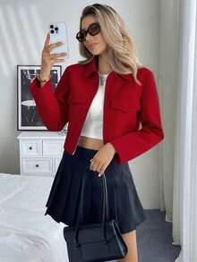 Chiquease Áo khoác nữ tay dài màu trơn cổ khóa kéo túi tiện dụng thường ngày, mùa thu - Đỏ - Xem 5