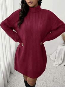 SHEIN Frenchy 休闲高领罗纹针织羊毛连衣裙，加大码，适合休闲和居家，秋冬 - 紅色 - 查看 3