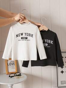 2 件装小男孩柔软针织圆领长袖上衣，英文字母刺绣，时尚白灰组合，秋冬汗衫