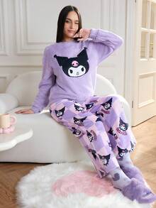 HELLO KITTY AND FRIENDS | SHEIN 女士舒适休闲可爱卡通刺绣宽松蓬松上衣和棋盘格长裤睡衣套装，秋冬款