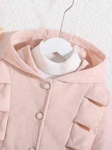 SHEIN 少女红色荷叶边长袖休闲连帽单排扣外套 - 淺粉色 - 查看 6