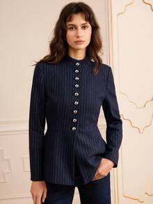 Lilora 女士优雅通勤羊毛西装外套，带纽扣，冬季女装，新年服装，蓝色条纹复古西装外套，书形纽扣，优雅。 - 藍色 - 查看 8
