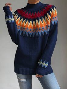 Celisse Geo Pattern Raglan Sleeve Sweater,Long Sleeve Tops Knit Pullover Fall Winter Outfit