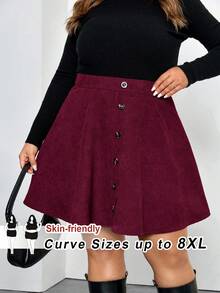 SHEIN CURVE+ Chân váy chữ A tối giản màu trơn cỡ lớn cài nút phía trước, mặc thường ngày - Màu Đỏ Sâu - Xem 8