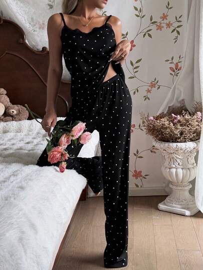 Knitted Heart Print Camisole Shorts Pajama Set, Verleidelijke Outerwear, view 3