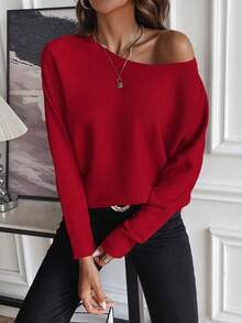 SHEIN LUNE Women's Casual Versatile Solid Color Batwing Sleeve Sweater - Red - View 4