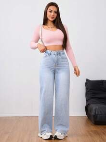 Jeanoix 女式休闲直筒牛仔裤，带口袋，保暖内衬，适合秋冬季 - 淺色水洗藍 - 查看 3