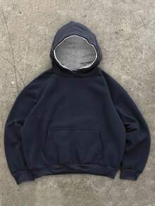 Manfinity EMRG Men's Autumn Casual Solid Color Thermal Lined Hooded Sweatshirt, Featuring A Stylish Two-Tone Patchwork Hood. Made With Soft, Warm Fleece Fabric, Perfect For Autumn. Simple And Versatile Design, Easy To Match With Any Pants For Daily Outings Or Campus Life. An Excellent Gift For Your Boyfriend., Navy Blue Hoodie Men, Plain Blue Hoodie Men, Men Clothes Hoodie Navy Hoodie Plain Hoodie Cotton Hoodie Oversized Hoodie - Navy Blue - View 1