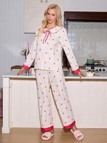 SweetSlumber Cute Casual Comfortable Bow Print Peter Pan Collar Design Women Pajama Set Bow Pjs Cherry Pajama Set Pjs Bow Pajamas, Winter Clothes - Apricot - View 5