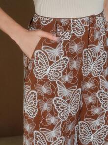 Anewsta Pantaloni de vară pentru femei cu imprimeu de fluturi - Maro - Vizualizare 3