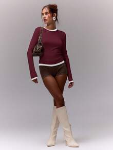 MUSERA 撞色滚边修身长袖上衣，休闲度假机场休闲可爱优雅。春夏舒适假日之选。 - 酒紅色 - 查看 4