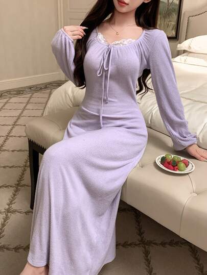 DAZY Women's Long Lace Trim Waist Cinched Dress, Brushed, Autumn/Winter Loungewear