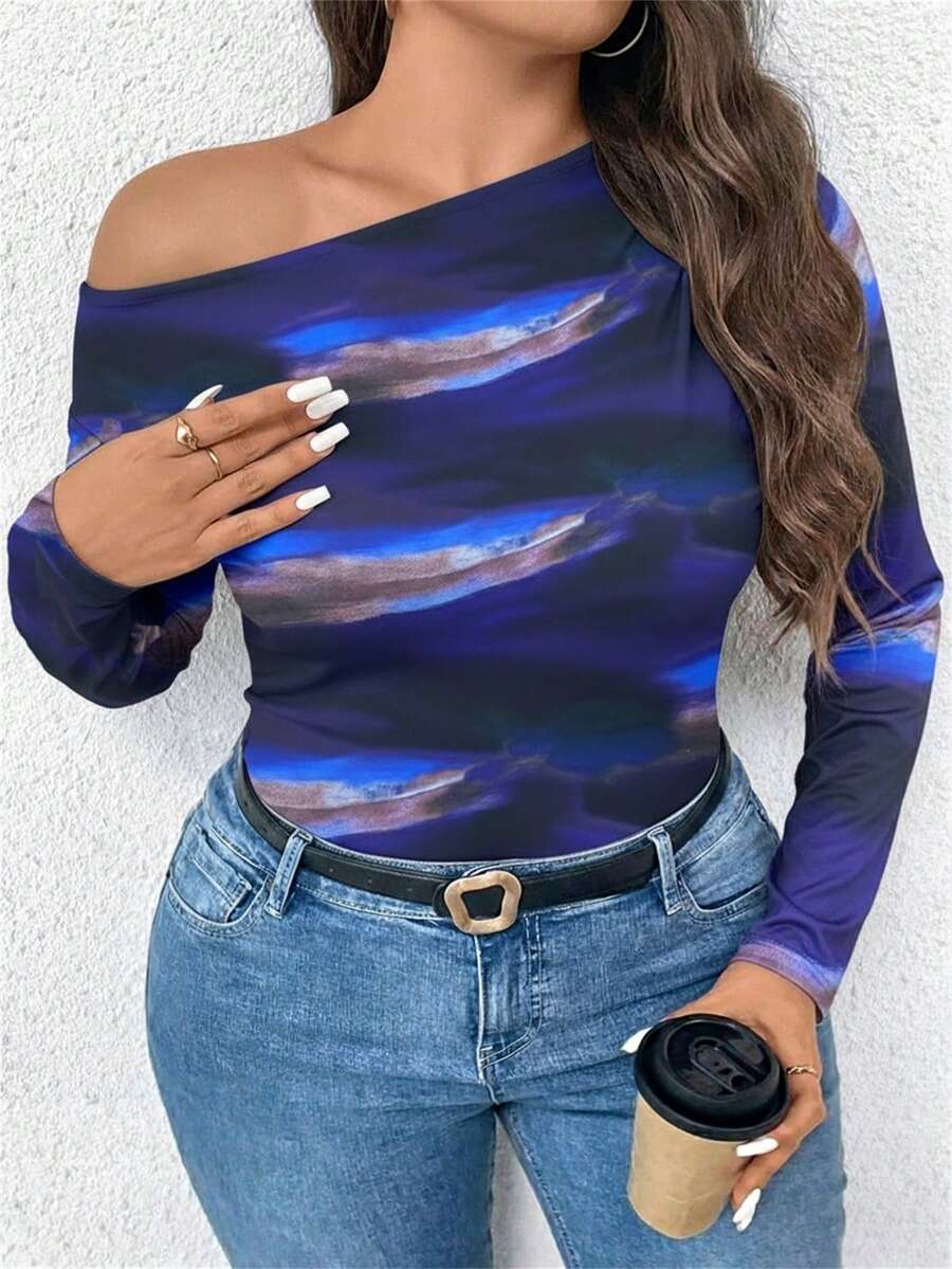 EMERY ROSE Plus Size Casual Tie-Dye Print Asymmetrical Neck Long Sleeve T-Shirt, Suitable For Spring And Autumn Graphic Tees, Women Tops For Spring - Navy Blue - View 1