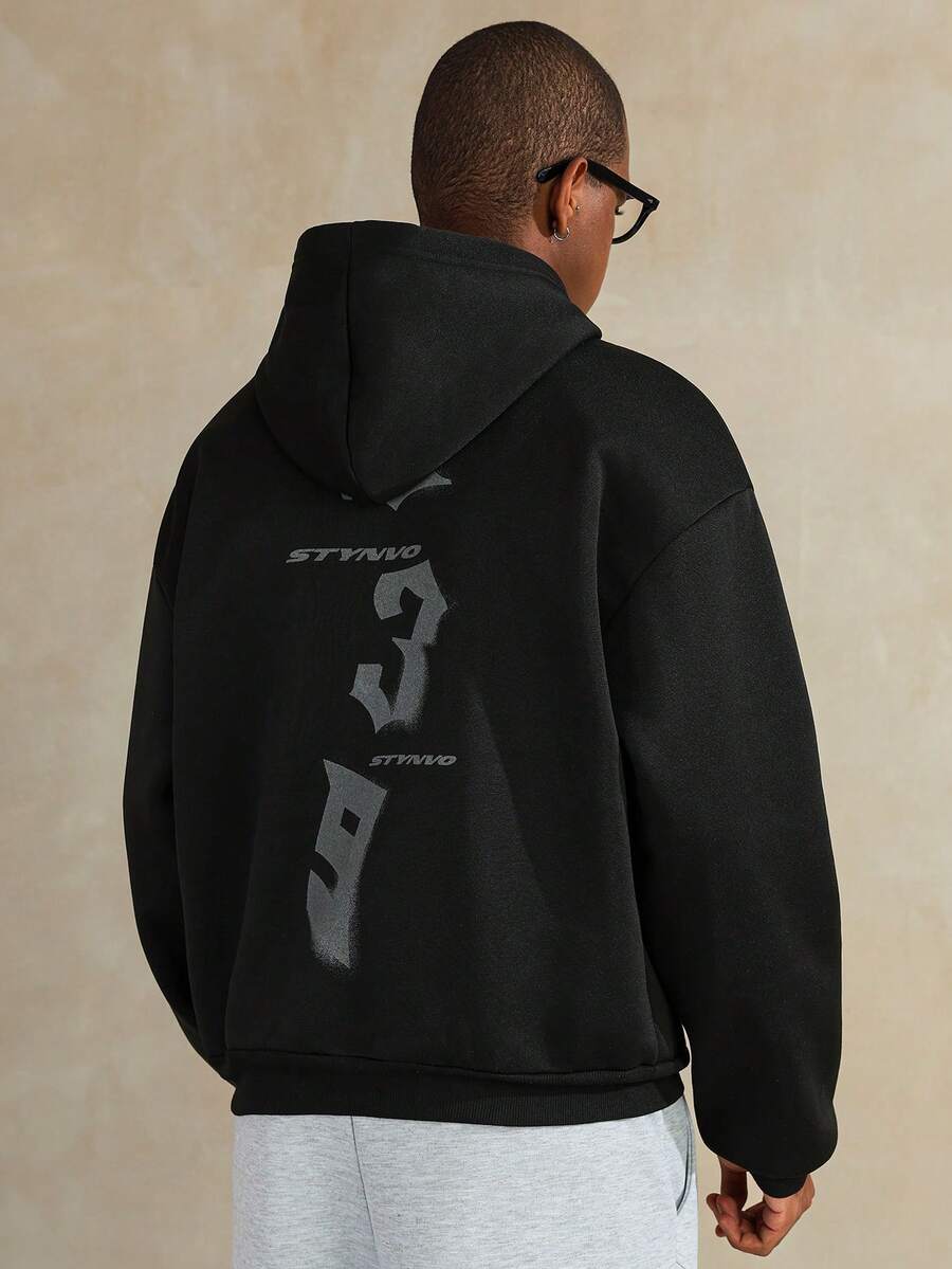 STYNVO 男士落肩长袖休闲宽松时尚百搭连帽衫 - 黑色 - 查看 1