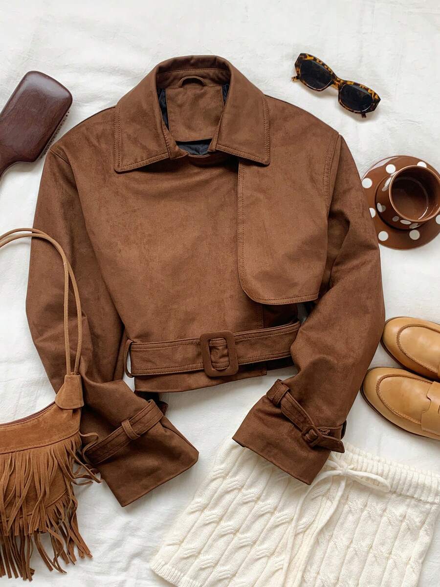 Comfortcana Áo khoác trench coat dài/ngắn cổ bẻ dáng rộng cho nữ - Cà phê nâu - Xem 1