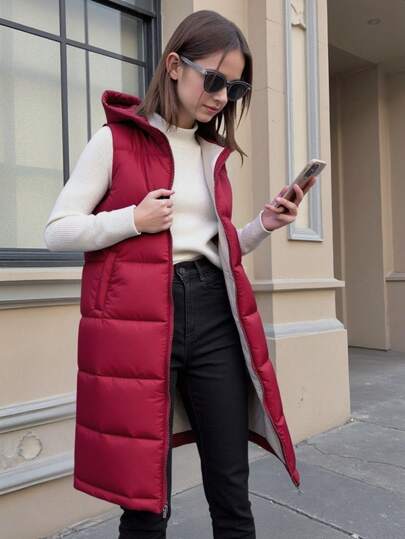 SHEIN Tween Girls Casual All-Match Huva Ärmlös Ficka Kontrastfärgad Vadderad Lång Vadderad Väst, Höst/Vinter