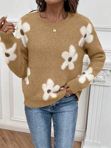 EMERY ROSE Áo len cổ tròn hở vai họa tiết hoa thường ngày dành cho nữ, Thu/Đông - Màu Khaki - Xem 4