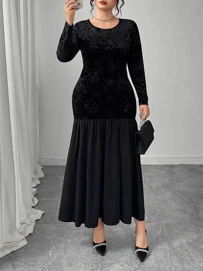 Modelyn 奢华优雅大码女式连衣裙，黑色长袖圆领，天鹅绒压花褶皱拼布荷叶边下摆，简约时尚名媛风格