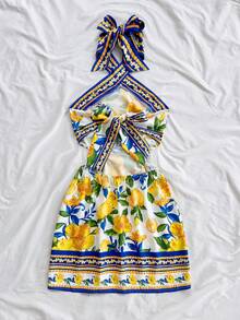 Soleia Váy ngắn hở lưng cổ yếm in họa tiết quả chanh cổ điển mới, thích hợp cho Giáng sinh, đêm hẹn hò, câu lạc bộ, Bohemian, Boho, kỳ nghỉ, quần áo mùa thu cho phụ nữ - Nhiều màu - Xem 2