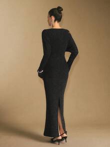 Poéselle Women's Elegant Rhinestone Batwing Sleeve Split Hem Fitted Dress, Spring/Autumn Luxury Dress For Women Black Sparkle Dress Elegant Midi Dress Long Sleeve Elegant Dress Black Glitter Dress - Black - View 7