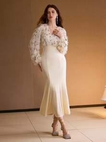 MOTF PREMIUM Váy xếp ly đính sequin thanh lịch dành cho nữ, mùa thu/đông - Màu be - Xem 4