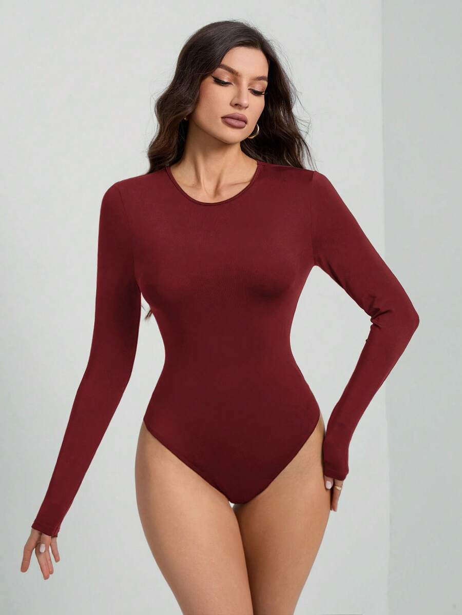 SHEIN Tall Solid Color Long Sleeve Slim Fit Black T-Shirt Bodysuit