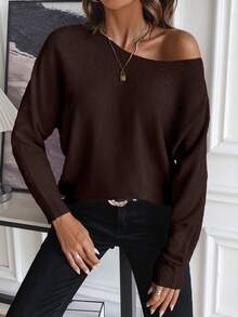 SHEIN LUNE Sweater Longgar Lengan Panjang Leher Bulat Model Batwing Warna Polos Kasual untuk Wanita, Musim Gugur/Dingin - Coklat - View 4