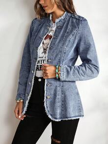 EMERY ROSE Raw Trim Button Front Denim Jacket - Blue - View 3