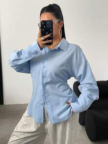 POPSWAY Plus Size Women's Solid Color Drop Shoulder Long Sleeve Single-Breasted Casual/Work Shirt - Blue - View 3