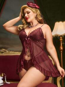 SHEIN Slumberist Plus Size Women 2 Pieces Set: Lace Patchwork Diamond Mesh Camisole Top + Sexy Lace Pajama Pants - Maroon - View 2