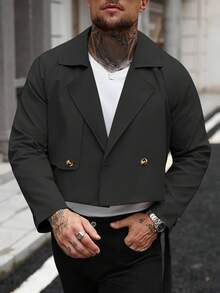 Manfinity Homme Áo khoác dài tay cài nút phía trước có túi đơn giản, thường ngày cho nam, áo khoác ngắn vải nỉ, thích hợp cho bạn bè, chồng, quà tặng bạn trai, mùa thu - màu đen - Xem 8