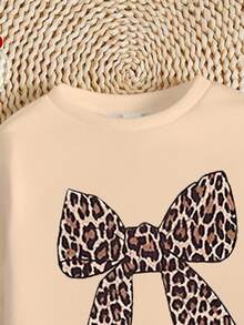 SHEIN 2pcs/Set Girls Casual Vintage Leopard Print Bow Decor Round Neck Long Sleeve Sweatshirt And Leggings Outfit, Suitable For Autumn/Winter, Streetwear, Punk, Vintage, Back To School, Goth, Fall, Winter