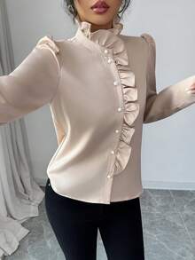 Modelyn Ruffle Trim Puff Sleeve Blouse Women Shirt - Apricot - View 4
