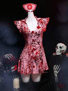 Fantasy Costume Fantasy Costume 2 件万圣节僵尸护士服装，红色和白色 - 粉色 - 查看 6