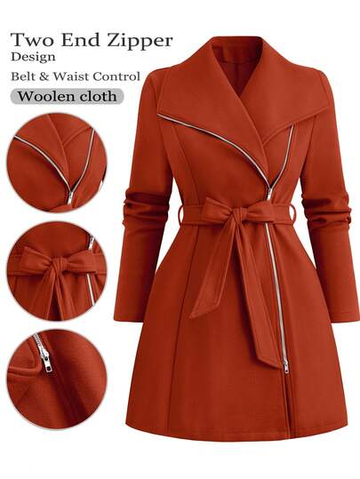 SHEIN Clasi Giacca casual con zip frontale, maniche lunghe e cintura, tinta unita, per donne taglie forti, adatta per autunno/inverno