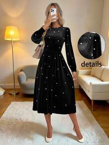 SHEIN LUNE Vestido largo de terciopelo casual con cuentas para mujer, vestido de terciopelo con adornos de perlas, vestido de terciopelo elegante, vestido midi negro, vestido elegante de manga larga, vestido midi elegante, vestido de terciopelo negro, vestido de fiesta de carnaval, conjunto de fiesta para mujer, vestido negro, vestido de otoño para mujer - Negro - Ver 1