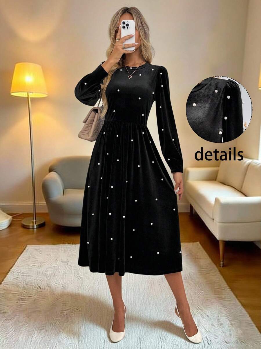 SHEIN LUNE Vestido largo de terciopelo casual con cuentas para mujer, vestido de terciopelo con adornos de perlas, vestido de terciopelo elegante, vestido midi negro, vestido elegante de manga larga, vestido midi elegante, vestido de terciopelo negro, vestido de fiesta de carnaval, conjunto de fiesta para mujer, vestido negro, vestido de otoño para mujer - Negro - Ver 1