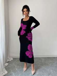 Elenzga Gaun Sweater Bodycon Rajut Jacquard Leher Persegi - Purple - View 5