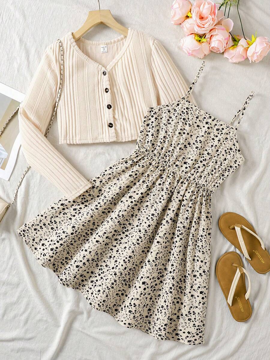 SHEIN Teen Girls Apricot Ribbed Knit Cardigan Jacket Shawl Collar Long Sleeve Top & Ditsy Floral Waist Tie Dress 2 Pieces Casual Vacation Set - Apricot - View 1