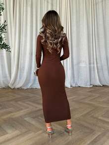 Jemour Autumn Wear Solid Color Square Neck Tight Black Long-Sleeved Dress - Brown - View 2
